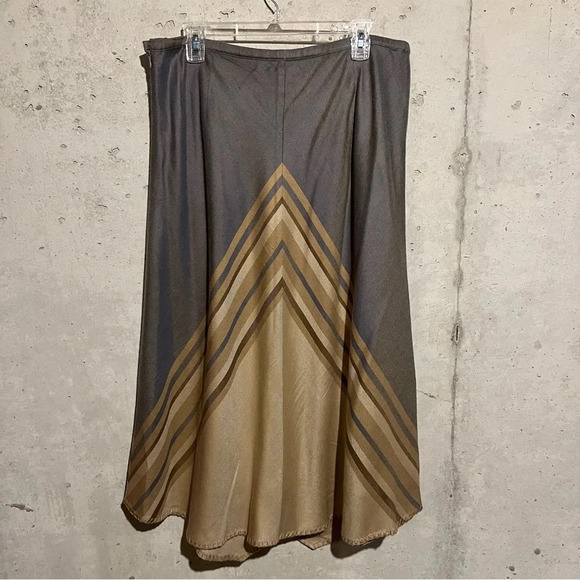Coldwater Creek Boho Faux Wrap Midi Skirt Tan Grey Geometric Stripe Draped Sz L - Picture 5 of 11